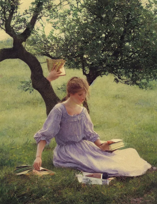 Prompt: peasant girl sitting on a tree and reading a book, polaroid photo bleached vintage pastel colors high - key lighting, soft lights, foggy, by steve hanks, by lisa yuskavage, by serov valentin, by tarkovsky, detailed, oil on canvas