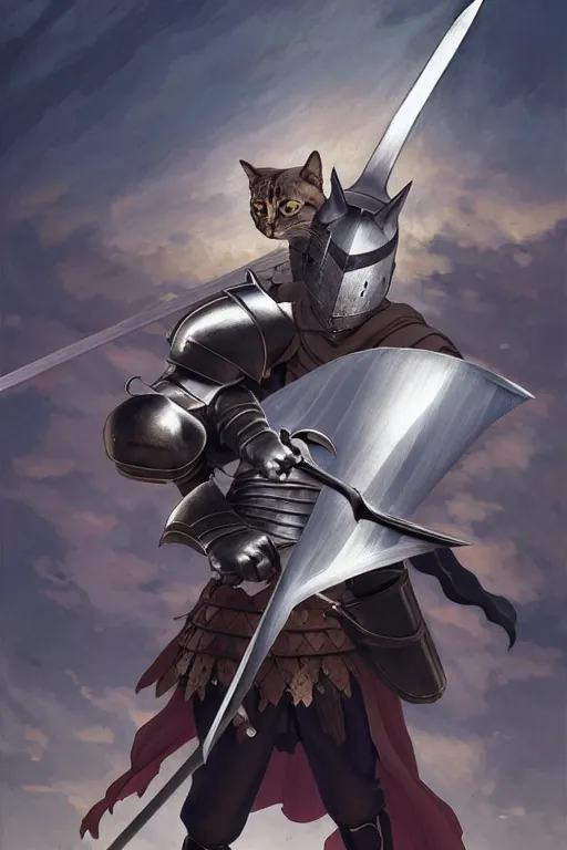 Image similar to a full body of the knight with a cat on his head holding berserk's great sword, finely detailed features, closeup at the faces, perfect art, gapmoe yandere grimdark, trending on pixiv fanbox, painted by miura kentaro greg rutkowski makoto shinkai takashi takeuchi studio ghibli, akihiko yoshida