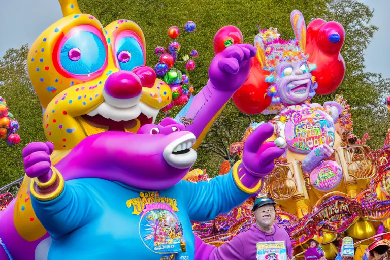 Image similar to photo of giant beautiful elaborate parade float character designed by lisa frank and geof darrow, in the macys parade, detailed 4 k photo,