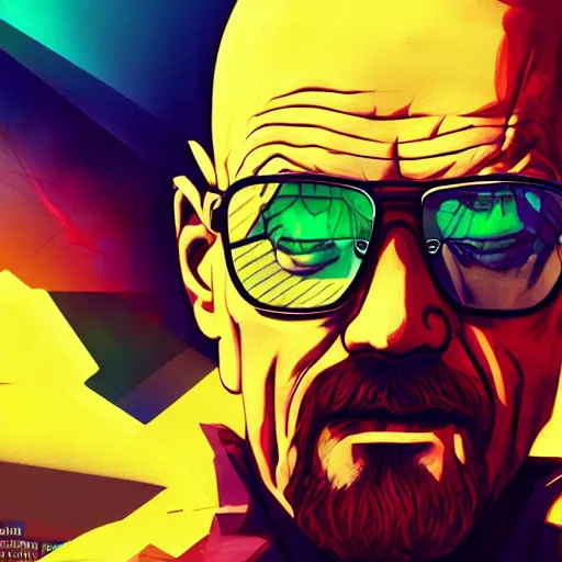 Prompt: high quality, walter white, portrait, cyberpunk colors, neotrad, lois van baarle, moebius, league of legend, arcane style