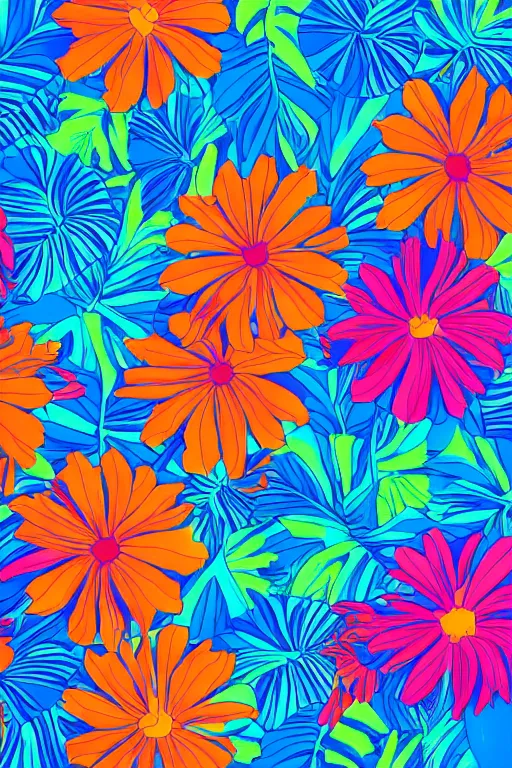 Image similar to detailed Vector illustration of tropical flowers with multiple cohesive colors ranging from warms blues to bright oranges, ((dark blue background)), 4K resolution