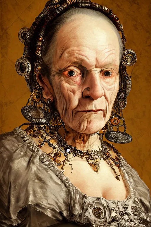 Image similar to portrait, headshot, digital painting, of a old 17th century, old lady cyborg merchant, amber jewels, implants, baroque, ornate clothing, scifi, futuristic, realistic, hyperdetailed, chiaroscuro, concept art, art by frans hals