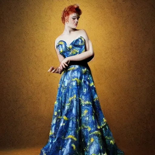 Prompt: Stunning picture of a model wearing a magnificent ball gown inspired by Van Gogh's Starry Night. Studio lighting