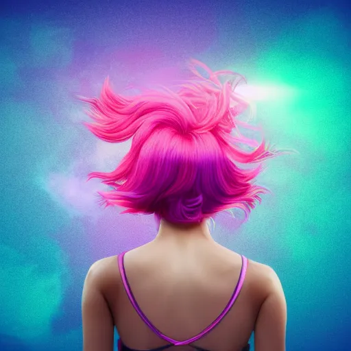 Image similar to a award winning half body shot of a beautiful woman in a croptop and leggings with a ombre purple pink teal hairstyle with head in motion and hair flying, outrun, vaporware, highly detailed, fine detail, intricate