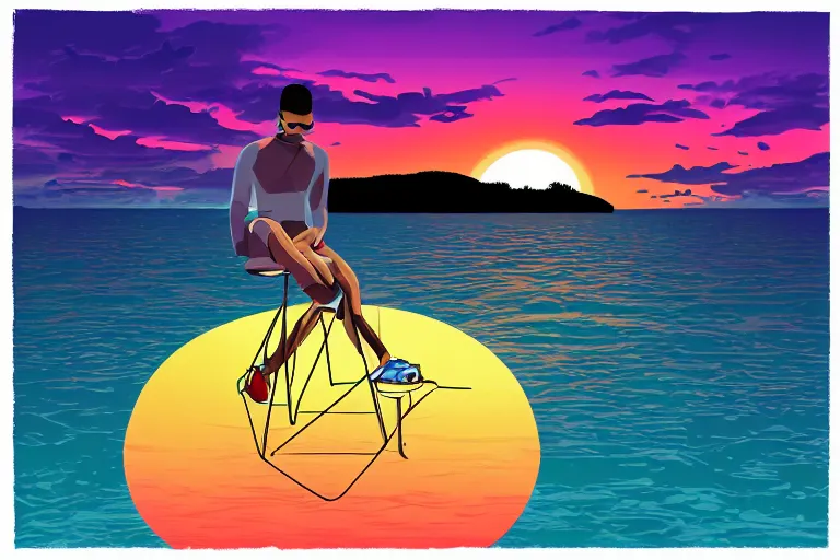 Prompt: a diskjockey making music in a beautiful beach, sunset, digital illustration