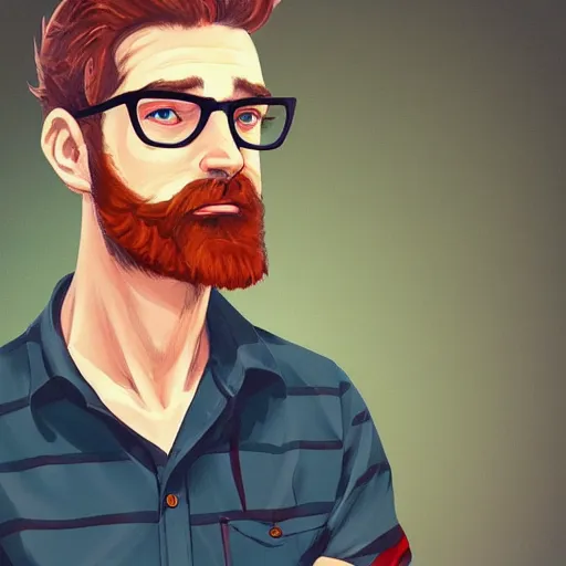 Prompt: Man in his 30s, heroic pose, dark blond and salt-and-pepper hair with a beard, thick dark glasses, blue eyes, wearing red stripe shirt jean and multicolor shoes, digital painting, 4k, anime key visual, artstation, kuvshinov ilya
