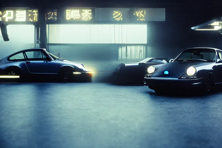 Image similar to a single 1 4 8 0 porsche 9 1 1, inside of a tokyo garage, ektachrome photograph, volumetric lighting, f 8 aperture, cinematic eastman 5 3 8 4 film, movie still from bladerunner