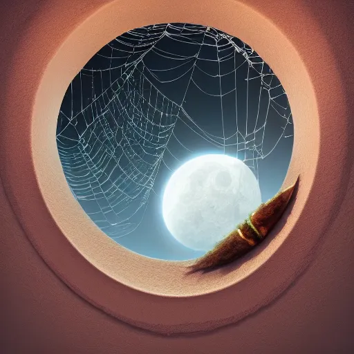 Image similar to peering out into the night sky from a window, a spiderweb is depicted and a toenail sits in the center of the spiderweb, illustrating it as a crescent moon, trending on artstation, 4 k photorealism, 4 k quality, lush, soft, glowing lighting, beautifully ornate atmosphere, cgsociety contest winner