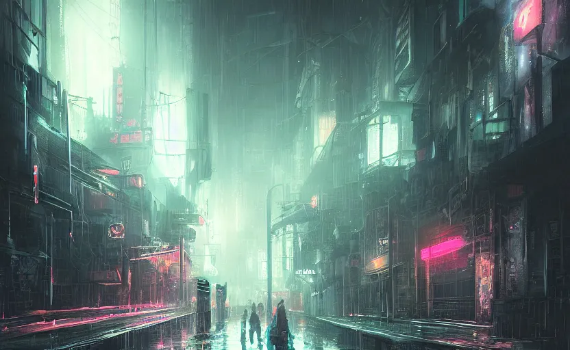 Image similar to dark street in a cyberpunk metropolis, heavy rain, by William-Adolphe Bouguerea, Jordan grimmer, fractal flame. Highly_detailded