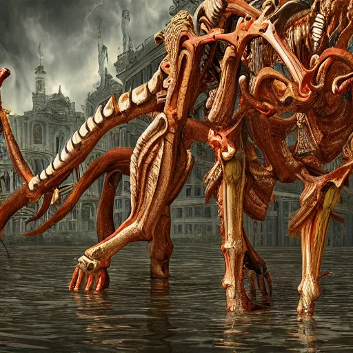 Prompt: giant quadruped bone creature walking through the center of a flooded city, extreme detail, abstract realism, highly ornate intricate details, 1 9 2 0's colored pencil, 4 k, cinematic lighting,