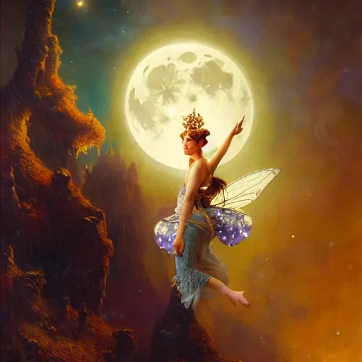 Image similar to attractive fairy queen fly high in the night, fantasy, full moon in background. hyper detailed painting by gaston bussiere, craig mullins, j. c. leyendecker, mid shot, 8 k, cryengone, cinematic lighting, beautiful,