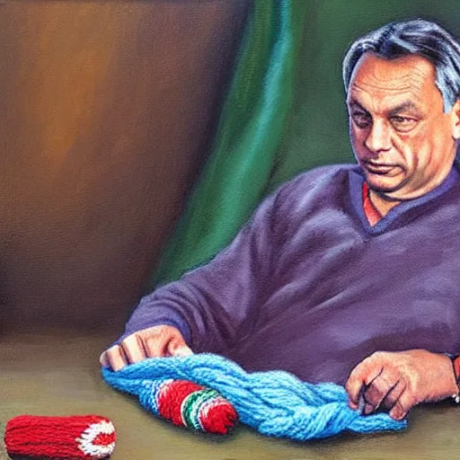 Prompt: viktor orban knitting a scarf, oil painting