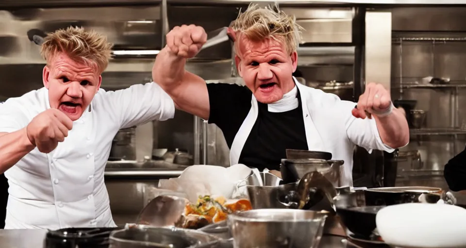 Image similar to photo of angry furious Gordon Ramsay punching Gordon Ramsay at the kitchen