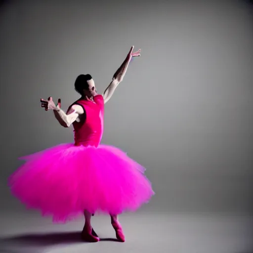 Prompt: nick cave in a pink tutu, dramatic angle, studio photography