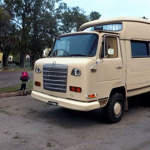 Image similar to a 1971 beige mercedes 508d truck that has been converted into an rv