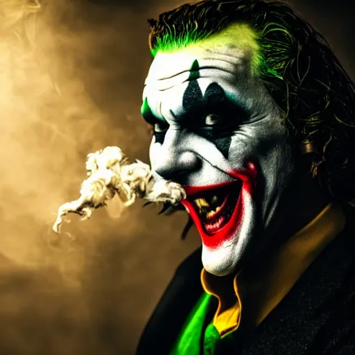 Image similar to joker, smiling, unnatural grin, horror, creepy, smoke, black, dark, glow