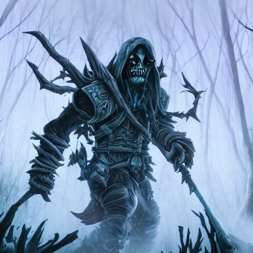 Prompt: undead rogue walking trough dark forest of tirisfal glades from world of warcraft