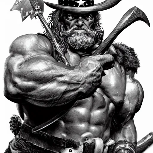 Image similar to portrait of a barbarian uncle sam, muscular, wild, upper body, d & d, fantasy, intricate, cinematic lighting, highly detailed, digital painting, artstation, concept art, smooth, sharp focus, illustration, art by hajime sorayama