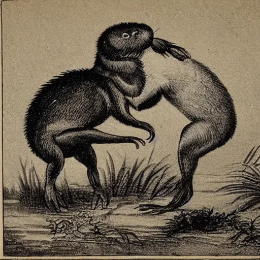 Image similar to 1800s field-journal style line art of two muskrats slow-dancing, very detailed