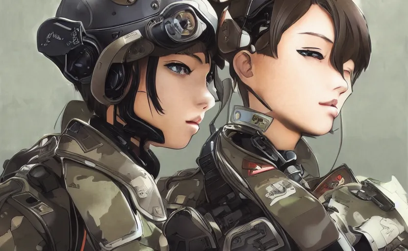 Image similar to bottom portrait of mechanized soldier girl, anime style, urban in background, soldier clothing, combat helmet, short hair, hair down, symmetrical facial features, from arknights, hyper realistic, 4 k, rule of thirds, extreme detail, detailed drawing, trending artstation, hd, d & d, realistic lighting, by alphonse mucha, greg rutkowski