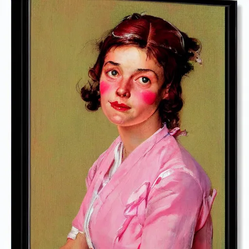 Prompt: frontal portrait of a woman wearing pink and white, by norman rockwell