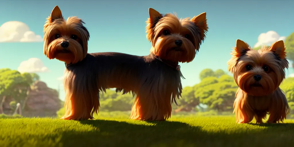 Image similar to a wholesome animation key shot of a brown and ashy 1 3 - year - old yorkshire terrier, studio ghibli, pixar and disney animation, sharp, rendered in unreal engine 5, anime key art by greg rutkowski, bloom, dramatic lighting