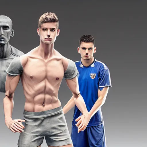 Image similar to a realistic detailed photo of a guy who is an attractive humanoid who is half robot and half humanoid, who is a male android, attractive and handsome soccer players, shiny skin, posing like a statue, blank stare, in a factory, on display, showing off his muscles, wearing soccer shorts, side view, looking at each other mindlessly