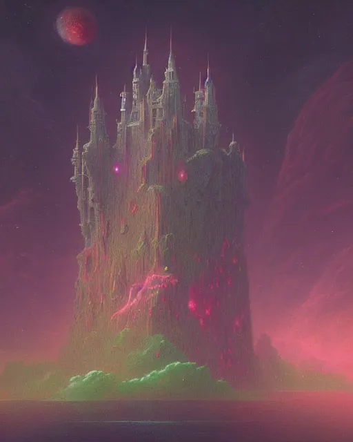 Prompt: a concept matte painting of a singular floating island castle, levitating across space in a misty pearlescent nebula by paul lehr kazumasa uchio situated in a starry expanse of bioluminescent cosmic worlds by beksinski and beeple, flying citadel with towers, trending on artstation