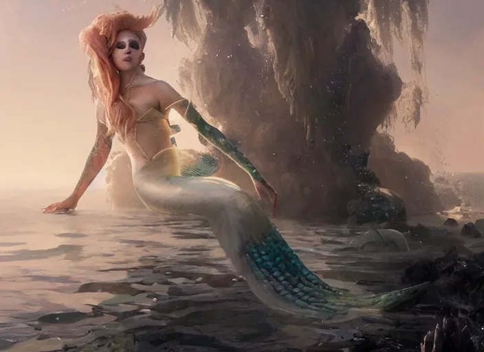 Prompt: lady gaga as a mermaid, intricate, sharp focus, lens flare, bloom, illustration, highly detailed, digital painting, concept art, matte, art by ruan jia and wlop and greg rutkowski