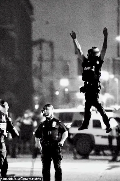 Image similar to a photo taken from a distance of police surrounding a man floating in the air with his hands up