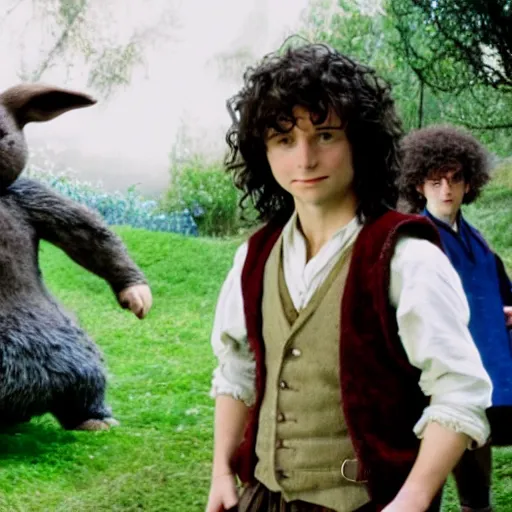 Image similar to Bartook a teen hobbit with short curly dark brown hair wearing a blue vest with a white sash standing next to a giant rabbit, high resolution film still, movie by Peter Jackson