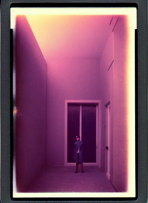 Prompt: a bright silhouette hovers above the ground inside of a hall. liminal, cozy, dramatic soft color lighting ( 1 9 8 4 ). featured polaroid