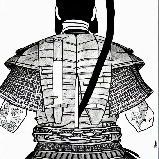 Image similar to entire body portrait from behind samurai that holds chain art inkstyle brush ink traditional sketch