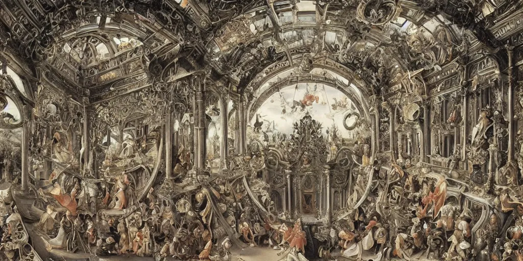 Image similar to beautiful!!! ornate heavenly!!! silver rococo megastructure in the style of heironymus bosch, prismatic intricate masterpiece, hyper detailed!, hd