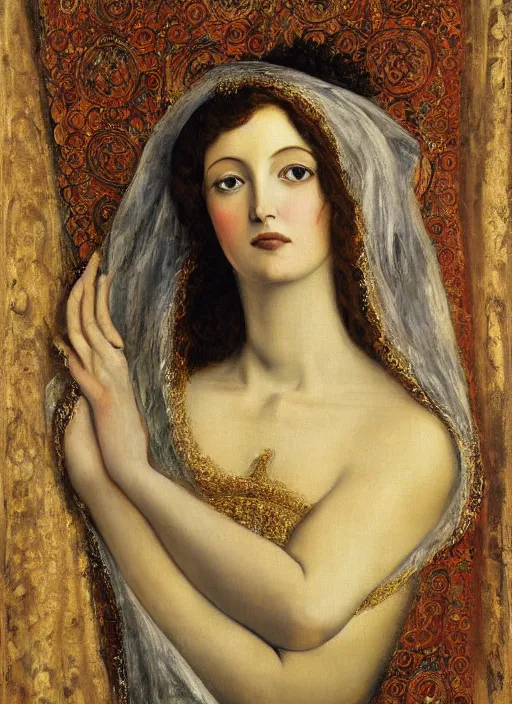 Image similar to oil painting of Queen of Ecstasy, Hungarian, curly dark hair, fair skin, veil by Georgia o Keeffe, by Marcel Jankowicz, by Botticelli, by Gustave Moreau,minimalist