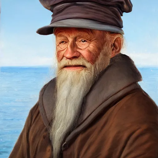 Image similar to realistic renderings of very old fisher man portrait with a hat, port scene background, astonishing scenes, detailed, photorealism