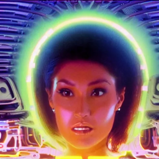 Image similar to a VHS still of a concept art with a photo of Tia Carrere as a solarpunk robotic humanoid, white mechanical parts with led lights, vaporwave artwork composition, Windows98 logo, in the movie Lifeforce (1985) 8k, intricate, pastel colors