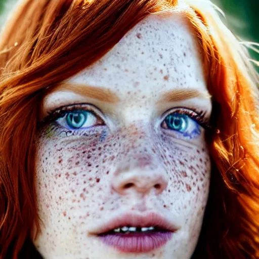Prompt: close up hald face portrait photograph of a redhead woman with stars in her irises, and freckles. Wavy long hair. she looks directly at the camera. Slightly open mouth, face covers half of the frame, with a park visible in the background. 135mm nikon. Intricate. Very detailed 8k. Sharp. Cinematic post-processing. Award winning portrait photography