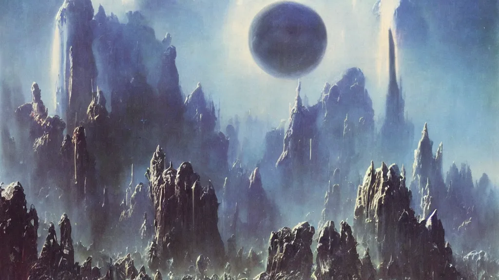 Image similar to eerie alien planet empire by frank frazetta and bruce pennington, cinematic matte painting