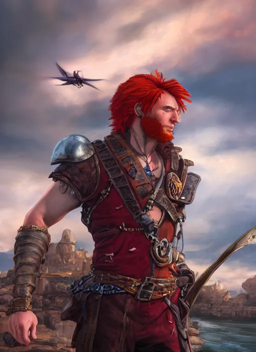 Prompt: An epic fantasy comic book style portrait painting of a red headed male sky-pirate in front of an airship, unreal 5, DAZ, hyperrealistic, octane render, cosplay, RPG portrait, dynamic lighting