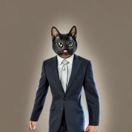 Image similar to a highly detailed portrait of an anthropomorphic kitty cat wearing a well tailored business suit and tie, 8 k, 4 k, highly detailed, sharp,