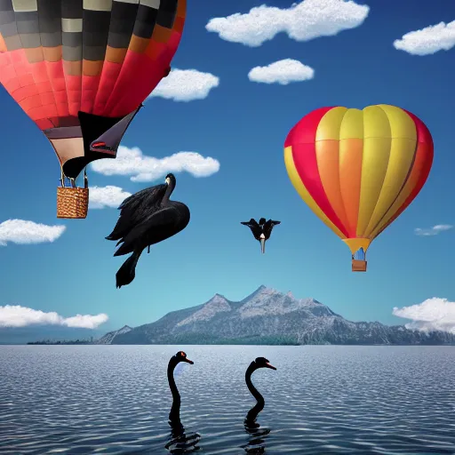 Image similar to realistic extremely detailed photo of a hot air balloon with a picture of two black swans swimming, touching heads, forming a heart with their necks flying above a reflective mountain lake, granular detail, holographic krypton ion, octane render, 4k, f32,55mm photography, wide angle