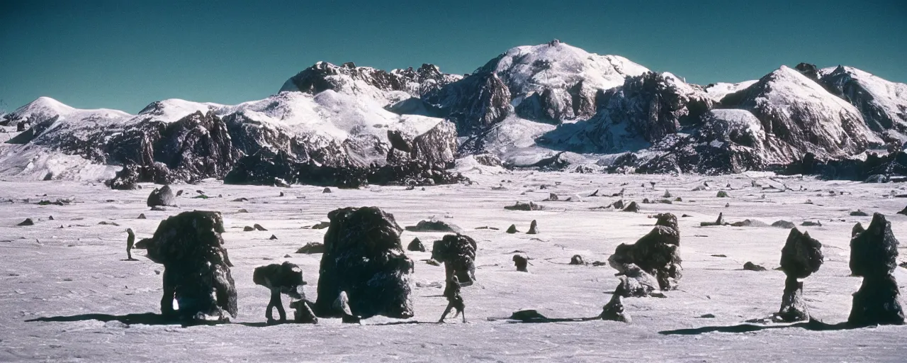 Image similar to the frozen tundra on an alien planet, mountains in the background, carbon based life forms playing, national geographic, canon 5 0 mm, cinematic lighting, photography, retro, film, kodachrome