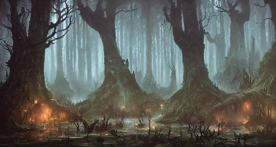 Prompt: A dense and dark enchanted forest with a swamp, by Peter Mohrbacher