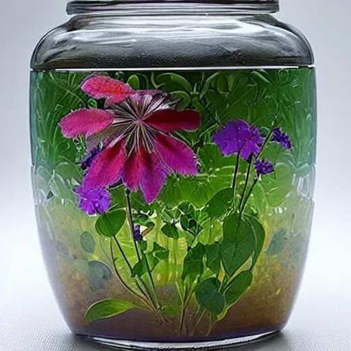 Image similar to a jar with a variety of beautiful plants inside, art