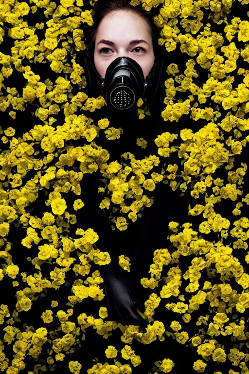 Image similar to a surreal portrait of a woman wearing gas mask diving into the ground of black flowers in the style of brooke didonato, editorial fashion photography from vogue magazine, full shot, nikon d 8 1 0, ƒ / 2. 5, focal length : 8 5. 0 mm, exposure time : 1 / 8 0 0, iso : 2 0 0