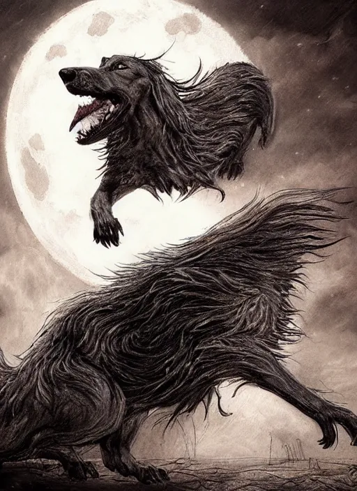 Image similar to a dachshund werewolf transforming under a full moon, dark colors, sinister atmosphere, dramatic lighting, cinematic, establishing shot, extremely high detail, photo realistic, cinematic lighting, pen and ink, intricate line drawings, by Yoshitaka Amano, Ruan Jia, Kentaro Miura, Artgerm, post processed, concept art, artstation, matte painting, style by eddie mendoza, raphael lacoste, alex ross