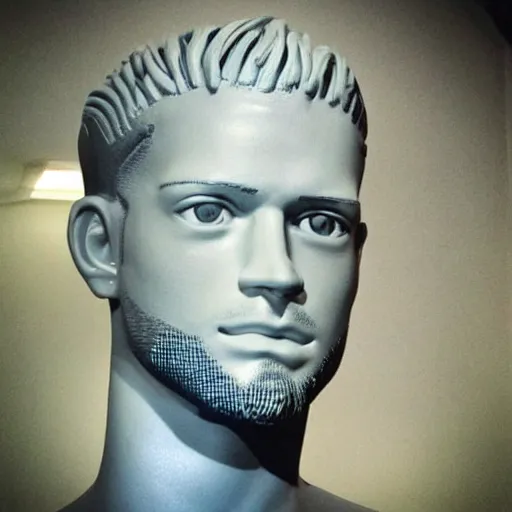 Prompt: “a realistic detailed photo of a guy who is an attractive humanoid who is half robot and half humanoid, who is a male android, baseball player Bryce Harper, shiny skin, posing like a statue, blank stare”