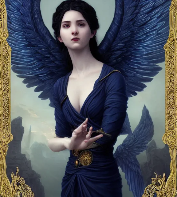 Image similar to god of death, young male, in the underworld, elegant dark blue dress, very detailed, throne, very intricate details, jewelry, gold eyeshadow, elaborate long black hairstyle, wings, cinematic, artstation, william bouguereau, magali villeneuve, greg rutkowski, rossdraws, octane render