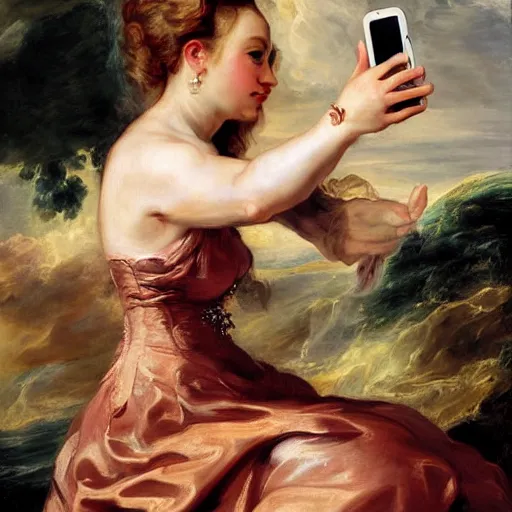 Image similar to heavenly summer sharp land sphere scallop well dressed lady taking a selfie with her iphone auslese, by peter paul rubens and eugene delacroix and karol bak, hyperrealism, digital illustration, fauvist, iphone